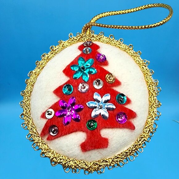 Vintage Felt Christmas Ornaments Set • Snowman w/ Googly Eyes • Beaded Tree • Se - Picture 4 of 10